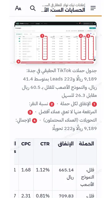 صفحات حقيقية من القارئ على الجوال: جدول حملات تيك توك الحقيقي في جدة، والبيانات الحساسة مطموسة.