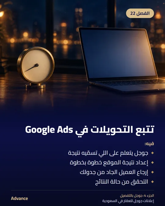 الفصل 22: تتبع التحويلات في Google Ads. فيه: جوجل يتعلم على اللي تسمّيه نتيجة، إعداد نتيجة الموقع خطوة بخطوة، إرجاع العميل الجاد من جدولك، التحقق من حالة النتائج.