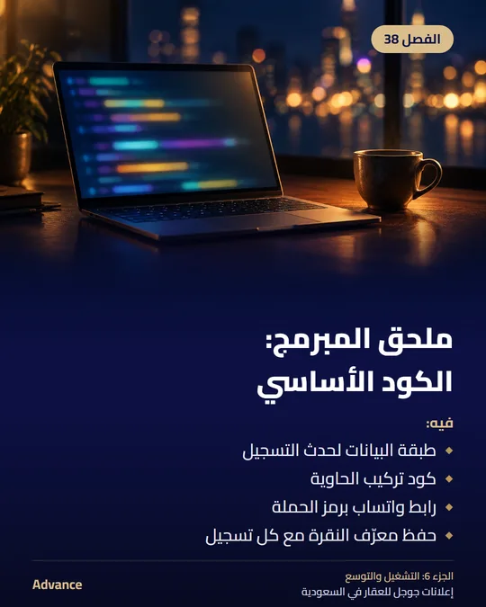 الفصل 38: ملحق المبرمج: الكود الأساسي. فيه: طبقة البيانات لحدث التسجيل، كود تركيب الحاوية، رابط واتساب برمز الحملة، حفظ معرّف النقرة مع كل تسجيل.