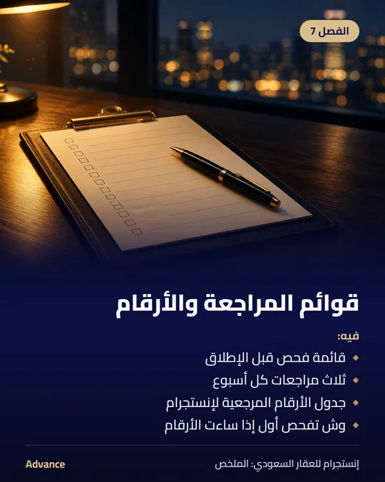 الفصل 7: قوائم المراجعة والأرقام. فيه: قائمة فحص قبل الإطلاق، ثلاث مراجعات كل أسبوع، جدول الأرقام المرجعية لإنستجرام، وش تفحص أول إذا ساءت الأرقام.