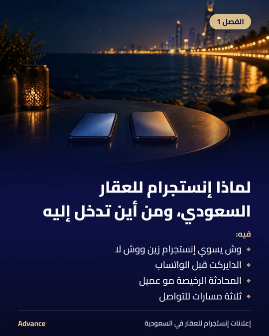 الفصل 1: لماذا إنستجرام للعقار السعودي، ومن أين تدخل إليه. فيه: وش يسوي إنستجرام زين ووش لا، الدايركت قبل الواتساب، المحادثة الرخيصة مو عميل، ثلاثة مسارات للتواصل.