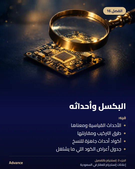 الفصل 16: البكسل وأحداثه. فيه: الأحداث القياسية ومعناها، طرق التركيب ومقارنتها، أكواد أحداث جاهزة للنسخ، جدول أعراض الكود اللي ما يشتغل.