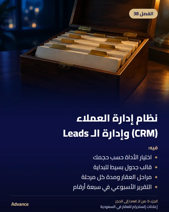 الفصل 38: نظام إدارة العملاء (CRM) وإدارة الـ Leads. فيه: اختيار الأداة حسب حجمك، قالب جدول بسيط للبداية، مراحل العقار ومدة كل مرحلة، التقرير الأسبوعي في سبعة أرقام.