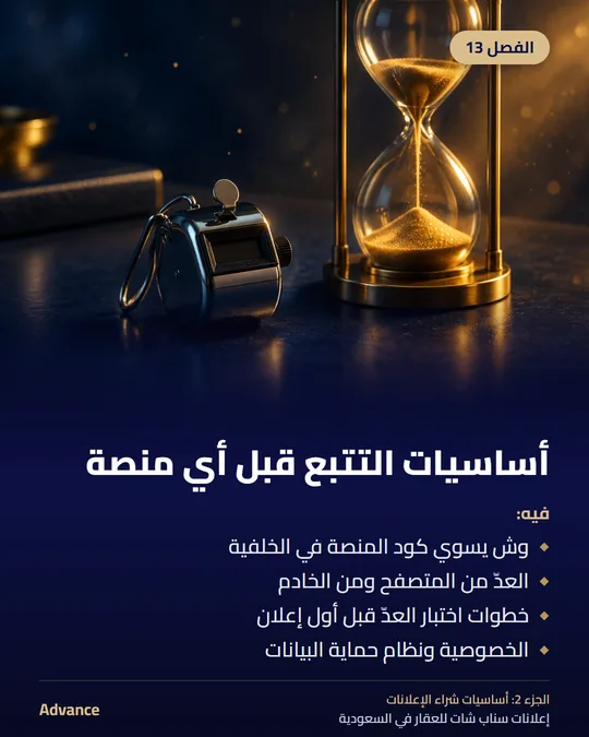 الفصل 13: أساسيات التتبع قبل أي منصة. فيه: وش يسوي كود المنصة في الخلفية، العدّ من المتصفح ومن الخادم، خطوات اختبار العدّ قبل أول إعلان، الخصوصية ونظام حماية البيانات.