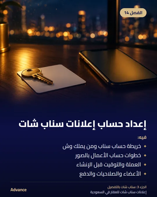 الفصل 14: إعداد حساب إعلانات سناب شات. فيه: خريطة حساب سناب ومن يملك وش، خطوات حساب الأعمال بالصور، العملة والتوقيت قبل الإنشاء، الأعضاء والصلاحيات والدفع.