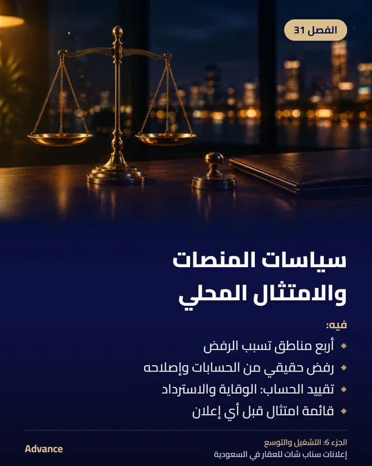 الفصل 31: سياسات المنصات والامتثال المحلي. فيه: أربع مناطق تسبب الرفض، رفض حقيقي من الحسابات وإصلاحه، تقييد الحساب: الوقاية والاسترداد، قائمة امتثال قبل أي إعلان.