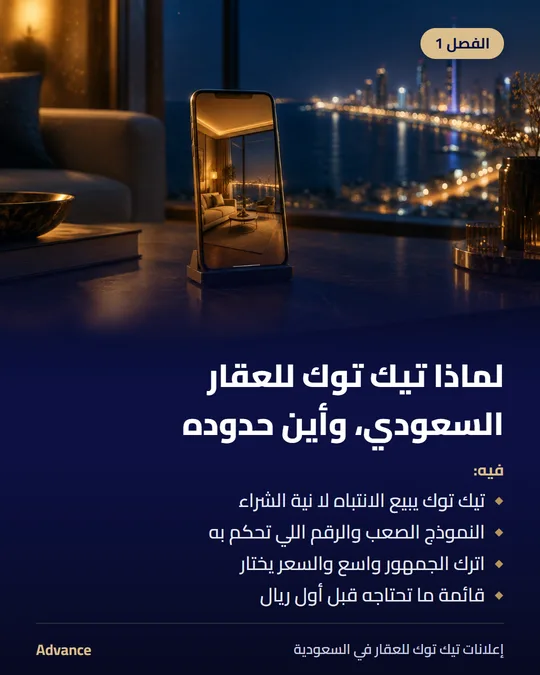 الفصل 1: لماذا تيك توك للعقار السعودي، وأين حدوده. فيه: تيك توك يبيع الانتباه لا نية الشراء، النموذج الصعب والرقم اللي تحكم به، اترك الجمهور واسع والسعر يختار، قائمة ما تحتاجه قبل أول ريال.