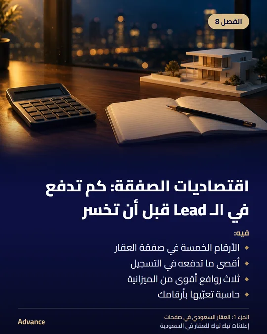 الفصل 8: اقتصاديات الصفقة: كم تدفع في الـ Lead قبل أن تخسر. فيه: الأرقام الخمسة في صفقة العقار، أقصى ما تدفعه في التسجيل، ثلاث روافع أقوى من الميزانية، حاسبة تعبّيها بأرقامك.
