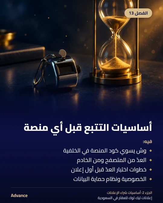 الفصل 13: أساسيات التتبع قبل أي منصة. فيه: وش يسوي كود المنصة في الخلفية، العدّ من المتصفح ومن الخادم، خطوات اختبار العدّ قبل أول إعلان، الخصوصية ونظام حماية البيانات.
