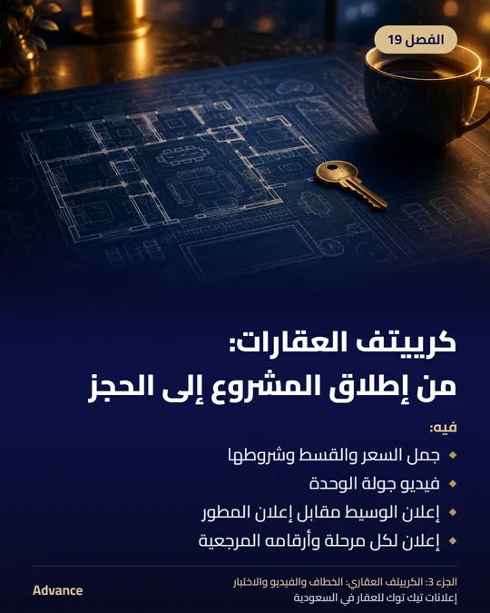 الفصل 19: كرييتف العقارات: من إطلاق المشروع إلى الحجز. فيه: جمل السعر والقسط وشروطها، فيديو جولة الوحدة، إعلان الوسيط مقابل إعلان المطور، إعلان لكل مرحلة وأرقامه المرجعية.