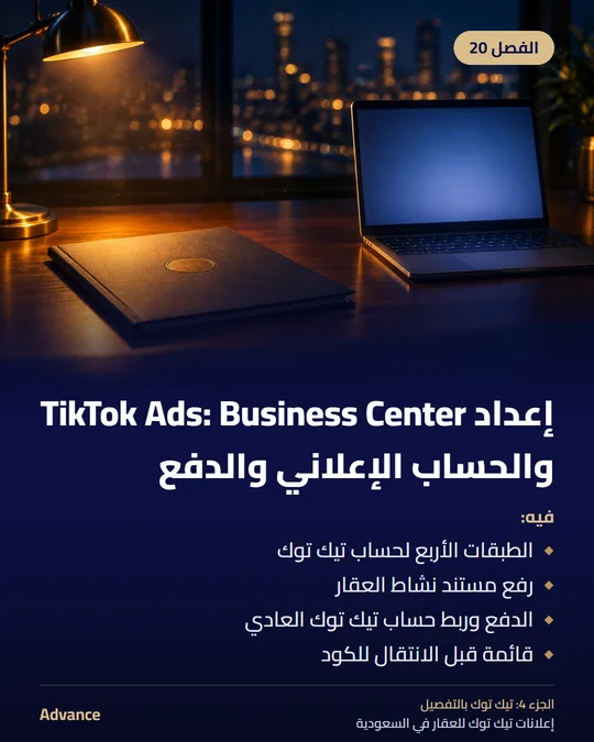الفصل 20: إعداد TikTok Ads: Business Center والحساب الإعلاني والدفع. فيه: الطبقات الأربع لحساب تيك توك، رفع مستند نشاط العقار، الدفع وربط حساب تيك توك العادي، قائمة قبل الانتقال للكود.