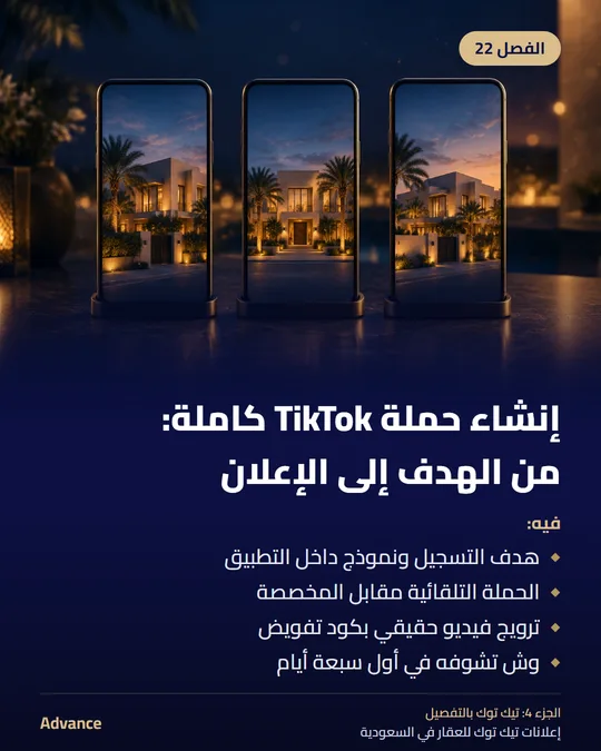 الفصل 22: إنشاء حملة TikTok كاملة: من الهدف إلى الإعلان. فيه: هدف التسجيل ونموذج داخل التطبيق، الحملة التلقائية مقابل المخصصة، ترويج فيديو حقيقي بكود تفويض، وش تشوفه في أول سبعة أيام.