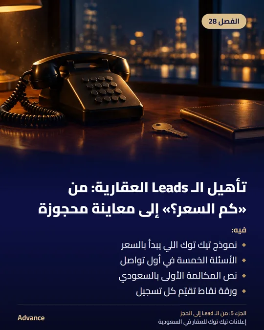 الفصل 28: تأهيل الـ Leads العقارية: من «كم السعر؟» إلى معاينة محجوزة. فيه: نموذج تيك توك اللي يبدأ بالسعر، الأسئلة الخمسة في أول تواصل، نص المكالمة الأولى بالسعودي، ورقة نقاط تقيّم كل تسجيل.