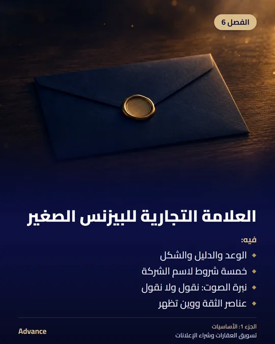 الفصل 6: العلامة التجارية للبيزنس الصغير. فيه: الوعد والدليل والشكل، خمسة شروط لاسم الشركة، نبرة الصوت: نقول ولا نقول، عناصر الثقة ووين تظهر.
