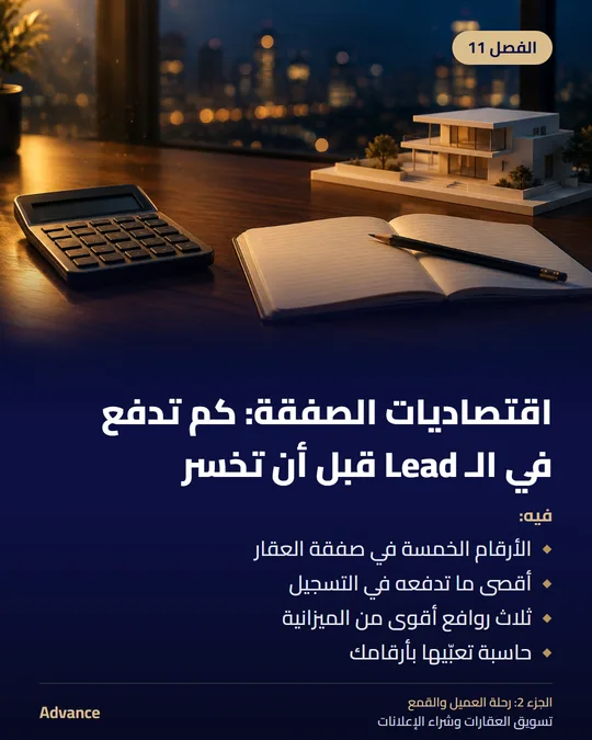 الفصل 11: اقتصاديات الصفقة: كم تدفع في الـ Lead قبل أن تخسر. فيه: الأرقام الخمسة في صفقة العقار، أقصى ما تدفعه في التسجيل، ثلاث روافع أقوى من الميزانية، حاسبة تعبّيها بأرقامك.