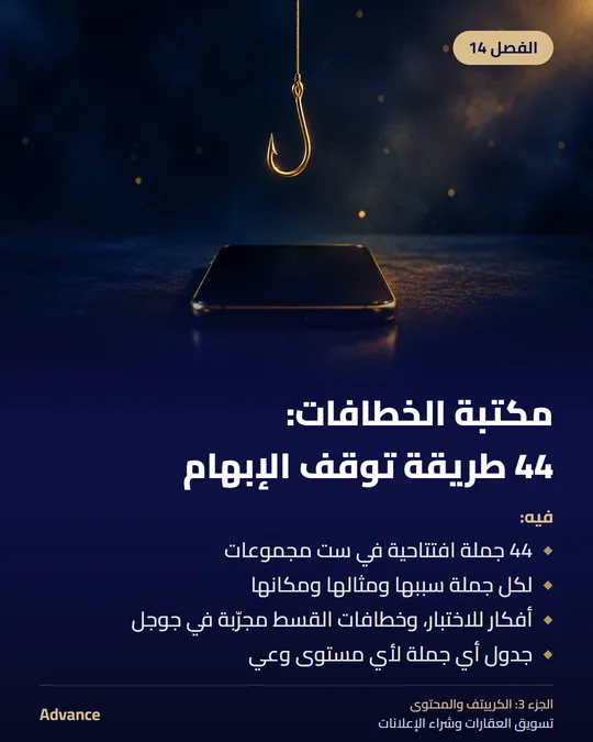 الفصل 14: مكتبة الخطافات: 44 طريقة توقف الإبهام. فيه: 44 جملة افتتاحية في ست مجموعات، لكل جملة سببها ومثالها ومكانها، أفكار للاختبار، وخطافات القسط مجرّبة في جوجل، جدول أي جملة لأي مستوى وعي.