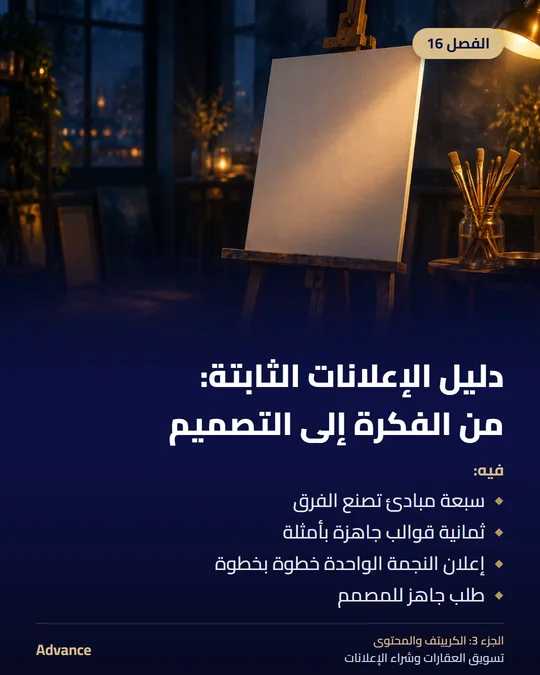 الفصل 16: دليل الإعلانات الثابتة: من الفكرة إلى التصميم. فيه: سبعة مبادئ تصنع الفرق، ثمانية قوالب جاهزة بأمثلة، إعلان النجمة الواحدة خطوة بخطوة، طلب جاهز للمصمم.