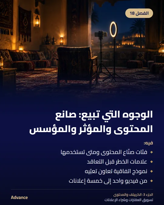 الفصل 18: الوجوه التي تبيع: صانع المحتوى والمؤثر والمؤسس. فيه: فئات صنّاع المحتوى ومتى تستخدمها، علامات الخطر قبل التعاقد، نموذج اتفاقية تعاون تعبّيه، من فيديو واحد إلى خمسة إعلانات.