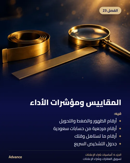 الفصل 23: المقاييس ومؤشرات الأداء. فيه: أرقام الظهور والضغط والتحويل، أرقام مرجعية من حسابات سعودية، أرقام ما تستاهل وقتك، جدول التشخيص السريع.