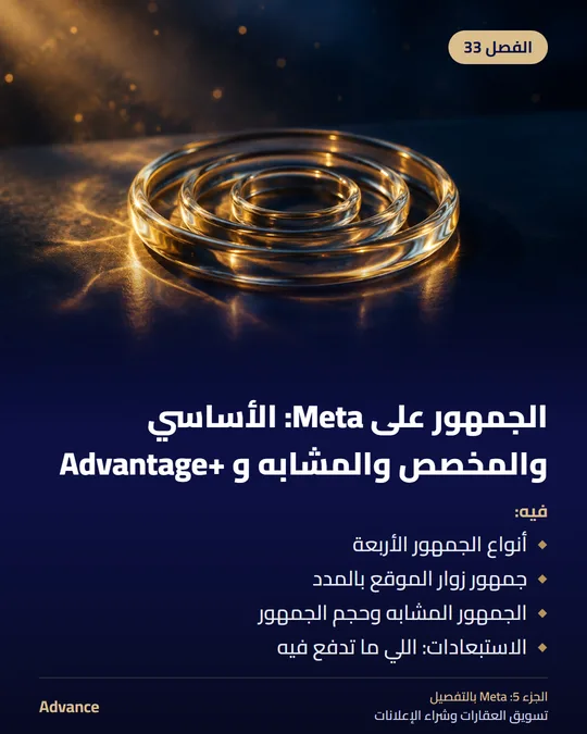 الفصل 33: الجمهور على Meta: الأساسي والمخصص والمشابه و Advantage+. فيه: أنواع الجمهور الأربعة، جمهور زوار الموقع بالمدد، الجمهور المشابه وحجم الجمهور، الاستبعادات: اللي ما تدفع فيه.