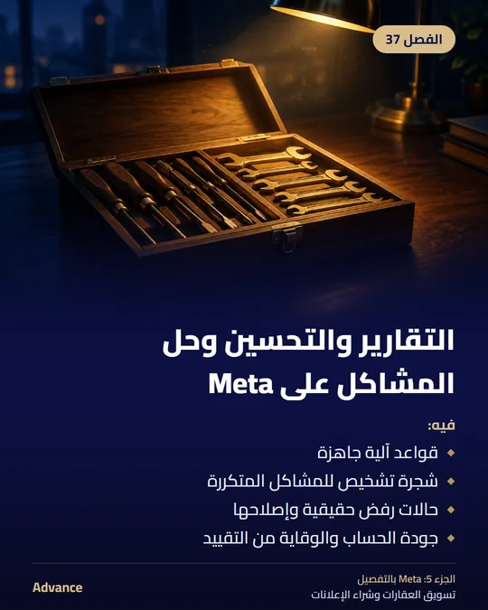 الفصل 37: التقارير والتحسين وحل المشاكل على Meta. فيه: قواعد آلية جاهزة، شجرة تشخيص للمشاكل المتكررة، حالات رفض حقيقية وإصلاحها، جودة الحساب والوقاية من التقييد.