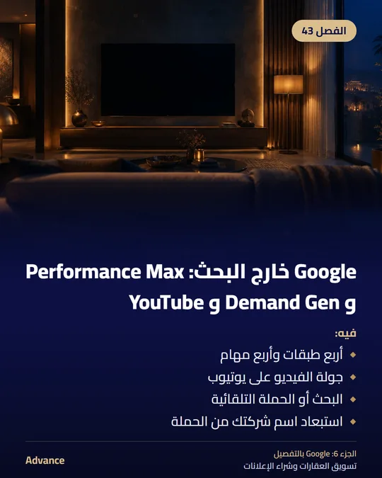 الفصل 43: Google خارج البحث: Performance Max و Demand Gen و YouTube. فيه: أربع طبقات وأربع مهام، جولة الفيديو على يوتيوب، البحث أو الحملة التلقائية، استبعاد اسم شركتك من الحملة.