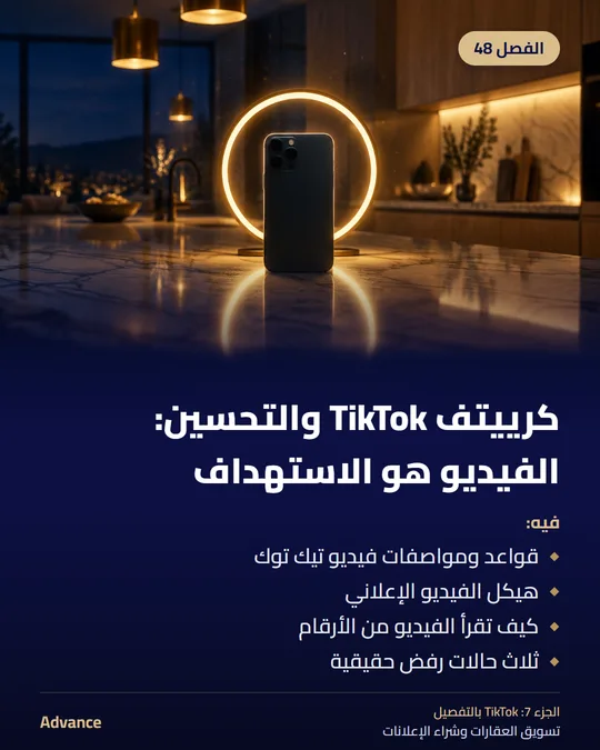 الفصل 48: كرييتف TikTok والتحسين: الفيديو هو الاستهداف. فيه: قواعد ومواصفات فيديو تيك توك، هيكل الفيديو الإعلاني، كيف تقرأ الفيديو من الأرقام، ثلاث حالات رفض حقيقية.