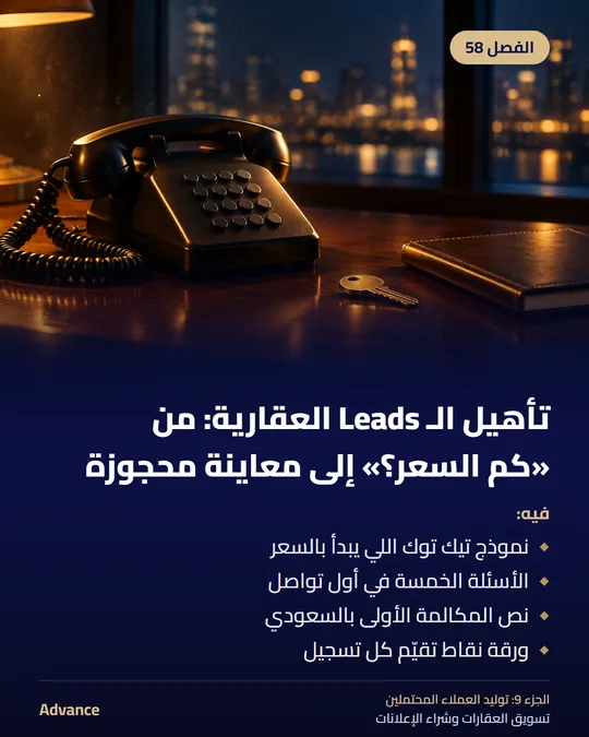 الفصل 58: تأهيل الـ Leads العقارية: من «كم السعر؟» إلى معاينة محجوزة. فيه: نموذج تيك توك اللي يبدأ بالسعر، الأسئلة الخمسة في أول تواصل، نص المكالمة الأولى بالسعودي، ورقة نقاط تقيّم كل تسجيل.