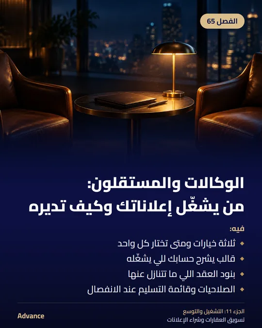 الفصل 65: الوكالات والمستقلون: من يشغّل إعلاناتك وكيف تديره. فيه: ثلاثة خيارات ومتى تختار كل واحد، قالب يشرح حسابك للي يشغّله، بنود العقد اللي ما تتنازل عنها، الصلاحيات وقائمة التسليم عند الانفصال.