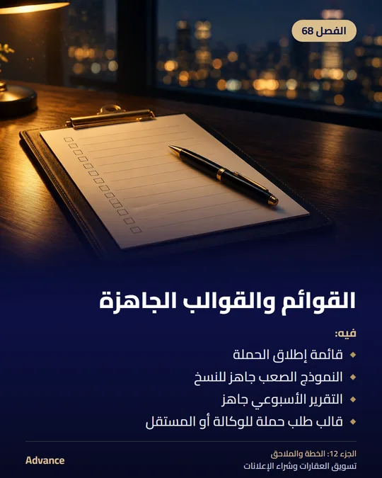 الفصل 68: القوائم والقوالب الجاهزة. فيه: قائمة إطلاق الحملة، النموذج الصعب جاهز للنسخ، التقرير الأسبوعي جاهز، قالب طلب حملة للوكالة أو المستقل.